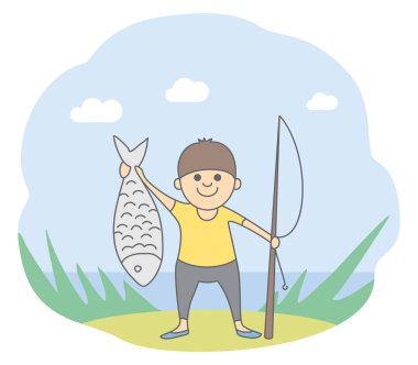 İyi bir av kavramı. Dostça bir genç adam bir olta ve eller, göl ve sazlık arkadaki büyük balık tutar. Çizgi stili izole vektör çizim.