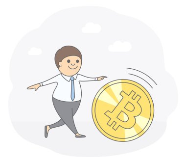 Kaydetme ve para yatırım kavramı. Gülümseyen iş adamı büyük bir altın bitcoin alır. Çizilmiş tarzı el, illüstrasyon vektör.