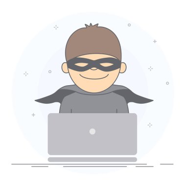 Hacker saldırı ve güvenlik kavramı. Hacker hırsız şifreleri ve mahrem veri--dan laptop çalmak bir caninin takım elbise giymiş. Çizilmiş tarzı el, illüstrasyon, beyaz arka plan vektör.