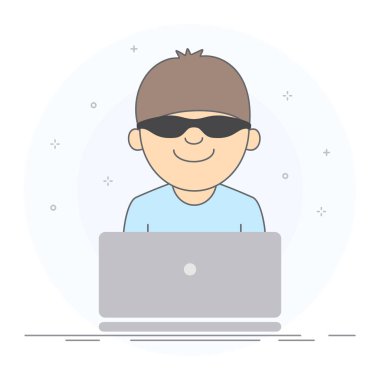 Anonim kavramı ve güvenlik. Anonim Kullanıcı laptop oturan siyah gözlüklü. Çizilmiş tarzı el, illüstrasyon, beyaz arka plan vektör.