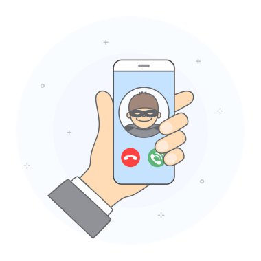 Bilinmeyen kullanıcıdan gelen arama kavramı. Holding smartphone gelen arama, simge accept çağrısı ile el ve aramayý reddetmek. Çizilmiş tarzı el, illüstrasyon vektör.