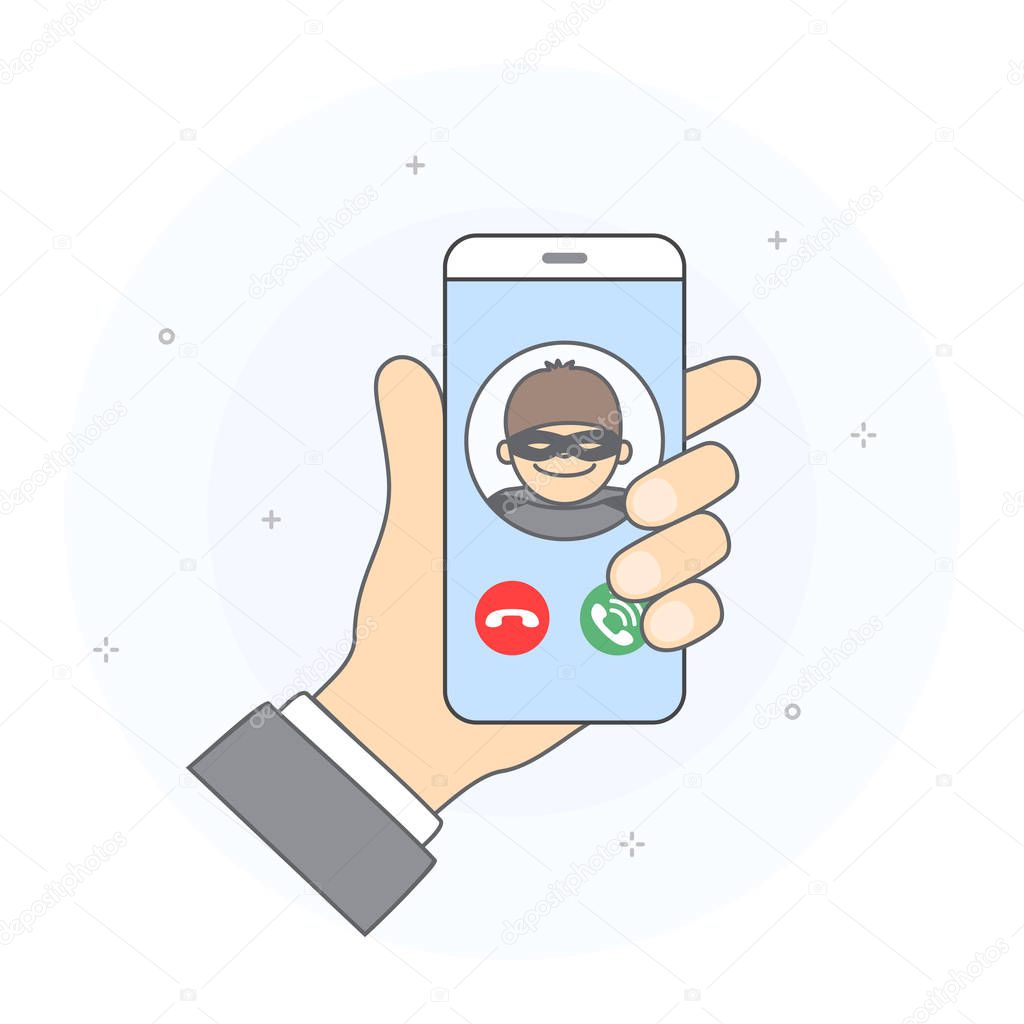 Concept of incoming call from unknown user. Hand holding smartphone with incoming call, icons of accept call and reject call. Hand drawn style, vector illustration.