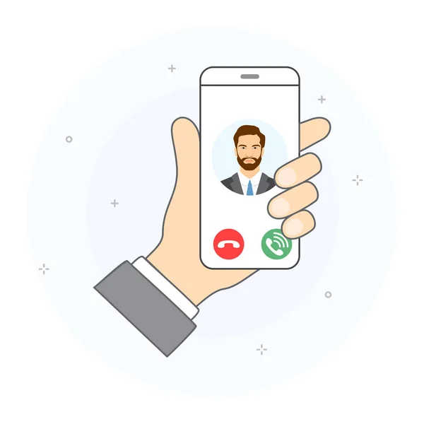 Smartphone ekranda gelen arama kavramı. Genç adam, çağrı kabul et ve Reddet Çağrı simgeleri gelen çağrı ile Smartphone tutan el. Çizilmiş tarzı el, illüstrasyon vektör.