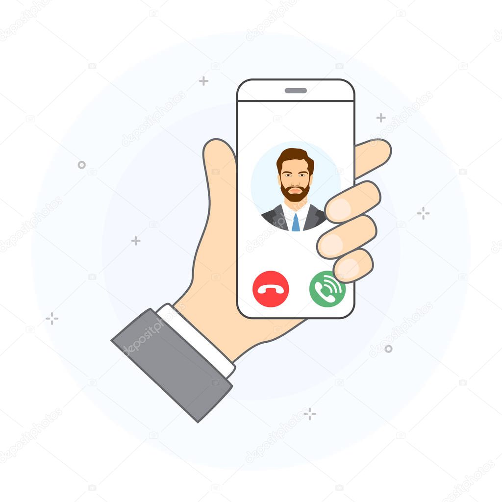 Concept of incoming call on smartphone screen. Hand holding smartphone with incoming call from young man, icons of accept call and reject call. Hand drawn style, vector illustration.