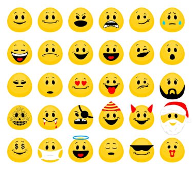 Emoji vektör kümesi. Düz stil beyaz arka plan üzerinde izole smiley ifadeleri topluluğu.