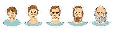 Erkek çocuk için Kıdemli Portreler kümesi. Erkekler bir nesil, farklı yaş: çocuk, Genç, Genç, Yetişkin, yaşlı. Vektör çizim, anahat stili.