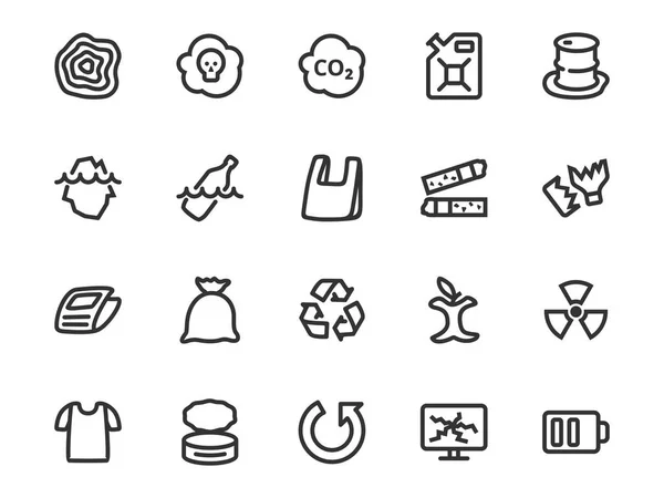 Vektör hat Icon set çöp ve atık sıralama. Koleksiyon içerir atık sembolleri: yetkin, organik, plastik, metal, geri dönüşüm, radyoaktif, tehlikeli ve diğerleri.