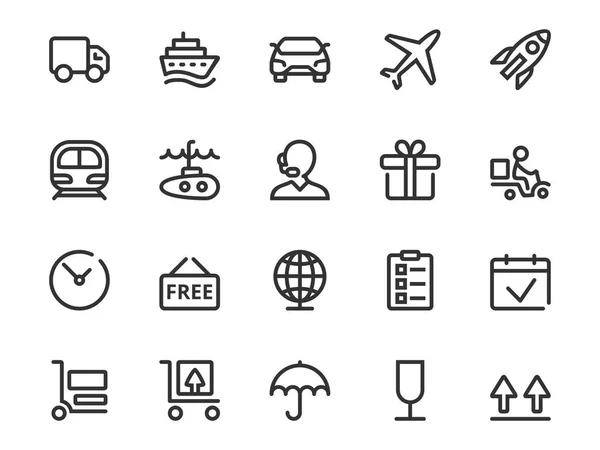 Nakliye ve teslimat anahat tarzı vektör Icon set. Icon collection içerir: destek, lojistik, Ulaştırma, ambalaj sembolleri ve daha fazla.