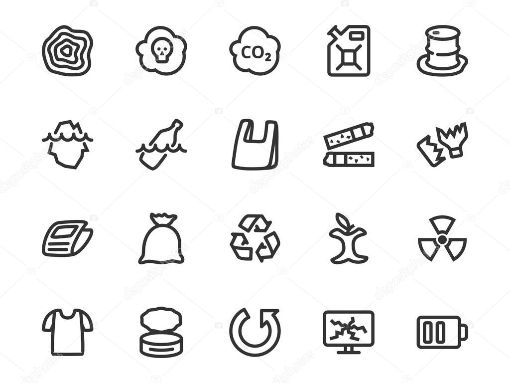 Vector line icon set of garbage and waste sorting. Collection includes waste symbols: papper, organic, plastic, metal, recycling, radioactive, hazardous and others.