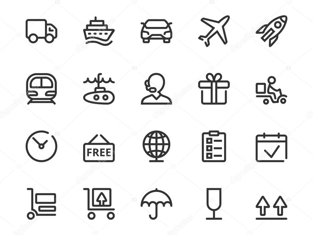 Vector icon set of shipping and delivery in outline style. Icon collection includes: support, logistic, transportation, packaging symbols and more.