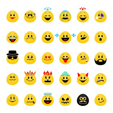 Emoji vektör kümesi. Düz stil beyaz arka plan üzerinde izole smiley ifadeleri topluluğu.