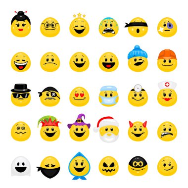 Vektör farklı duyguların ayarlayın. Gülümsüyor üzerinde beyaz adam izole karikatür tarzı topluluğu