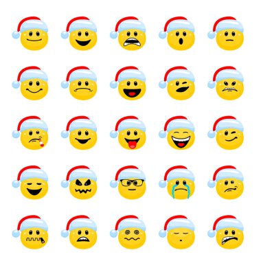 Vektör Noel şapka emoji set. Beyaz arka plan üzerinde izole karikatür tarzı Noel ve yeni yıl için yüz simgeler koleksiyonu.