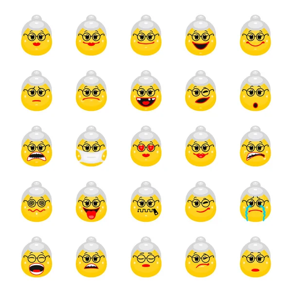 Vector Set Old Women Emoticons Collection Face Icons Showing Different — Stock Vector