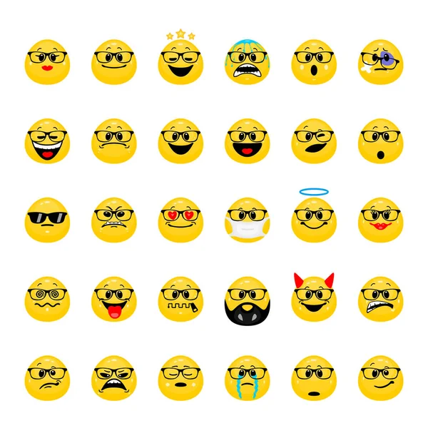 Una Serie Emoji Faccia Nerd Collezione Emoticon Che Indossano Occhiali — Vettoriale Stock