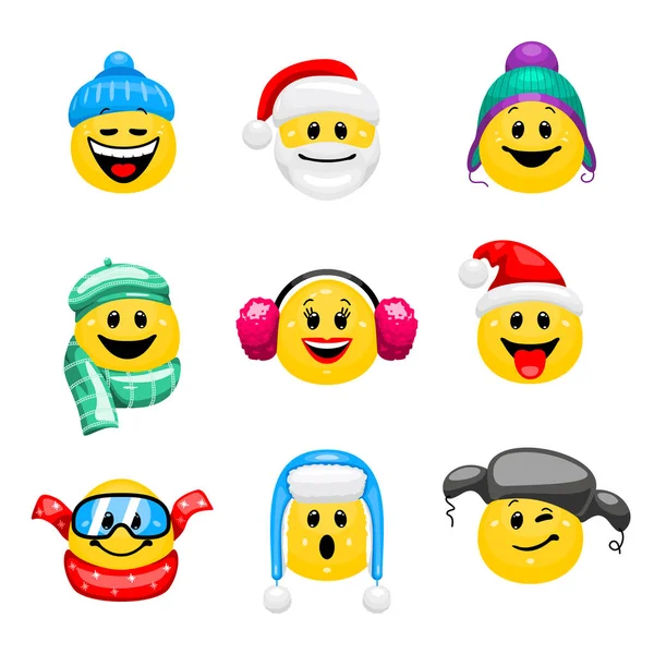 Vector Set Emoticons Winter Clothes Collection Face Icons Wearing Hats — Stock Vector