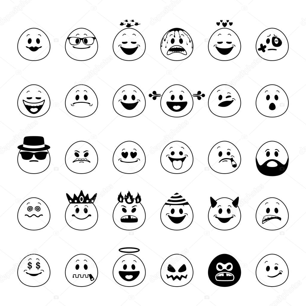 Vector set of emoji. Collection of smiley emoticons in outline style isolated on white background.