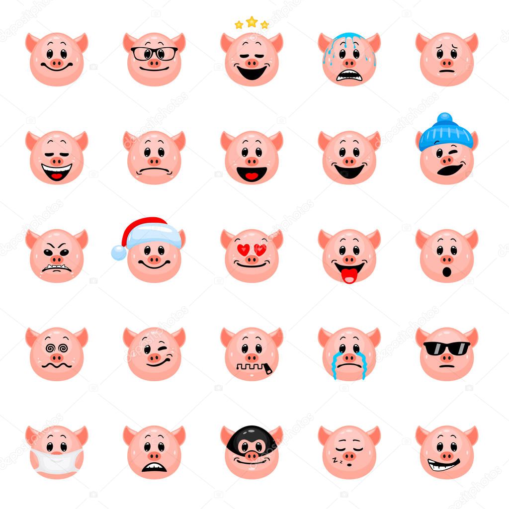 Vector set of pig emoticons. Collection of pig muzzle icons with different emotions in cartoon style isolated on white background.