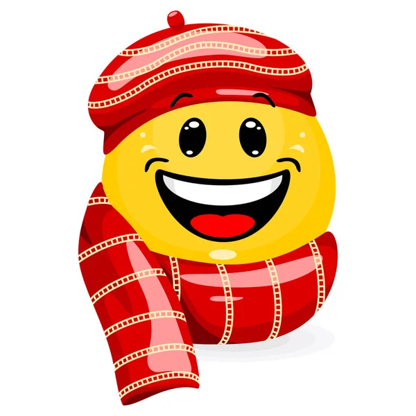 Emoticon Wearing Winter Clothes Smiling Face Hat Scarf Cartoon Style — Stock Vector