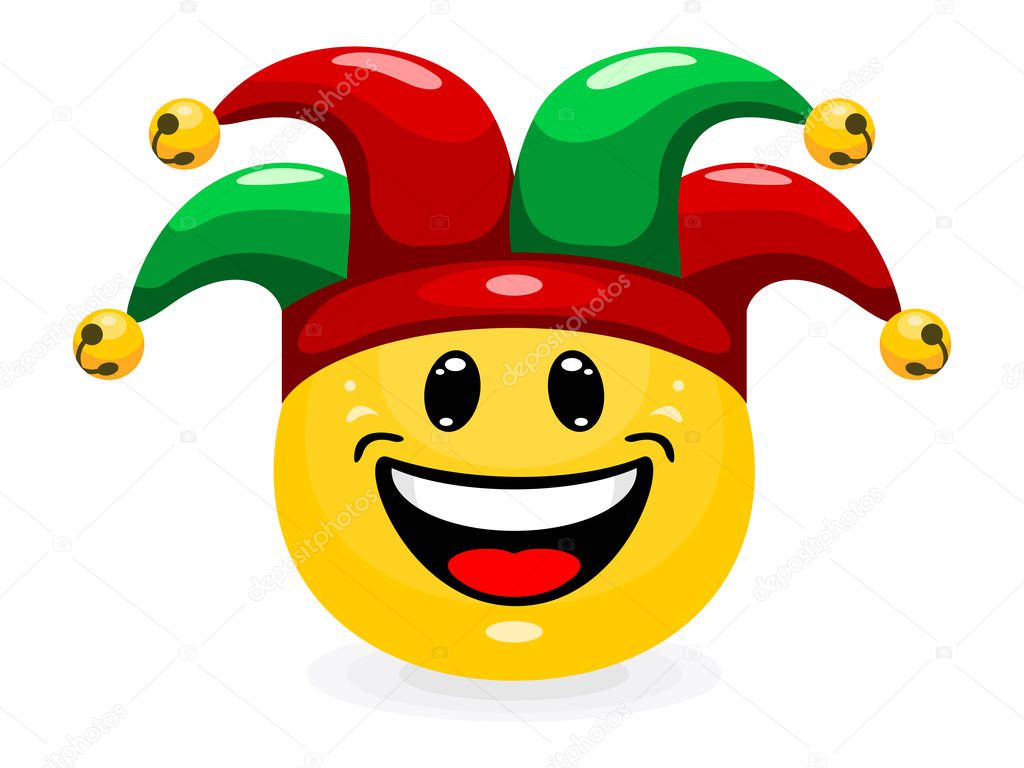 Cute emoticon in jester hat. Smiley in cartoon style isolated on white background