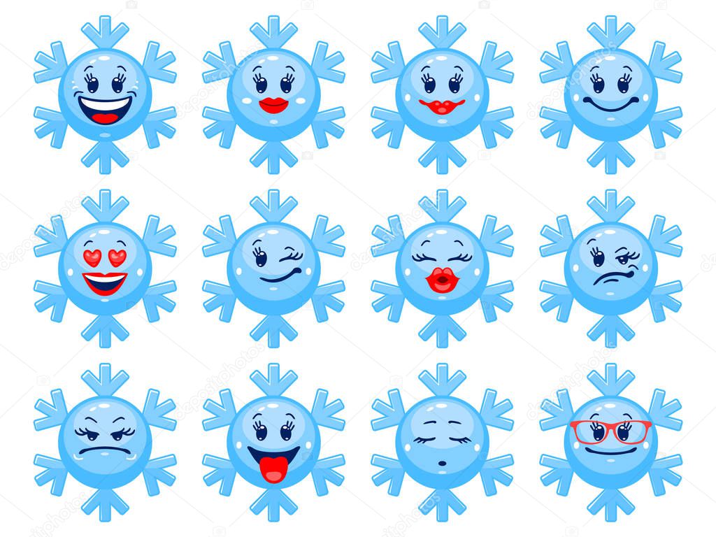 Vector set of winter emoticons. Collection of snowflakes with different emotions in cartoon style on white background