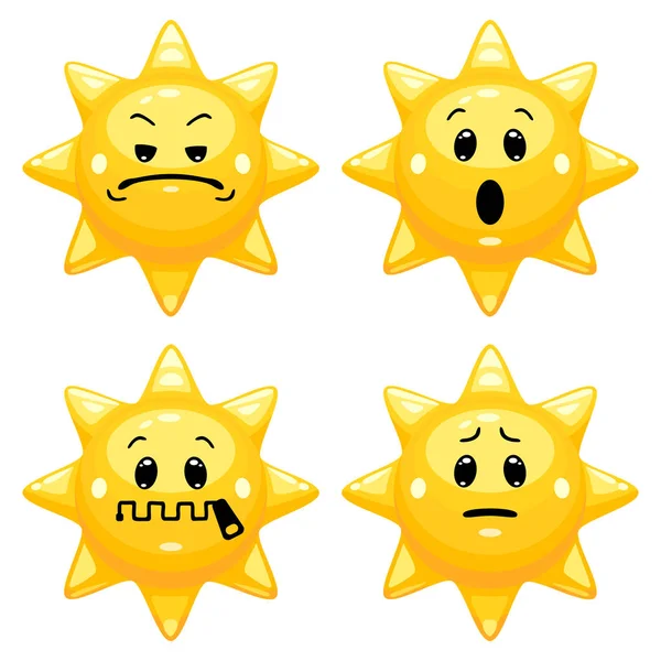 Insieme Emoticon Solari Vettoriali Collezione Personaggi Del Sole Con Diverse — Vettoriale Stock