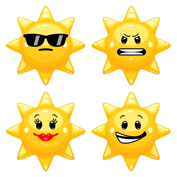 Векторный Набор Солнечных Смайликов Коллекция Солнцезащитных Персонажей Различными Эмоциями Стиле — стоковый вектор