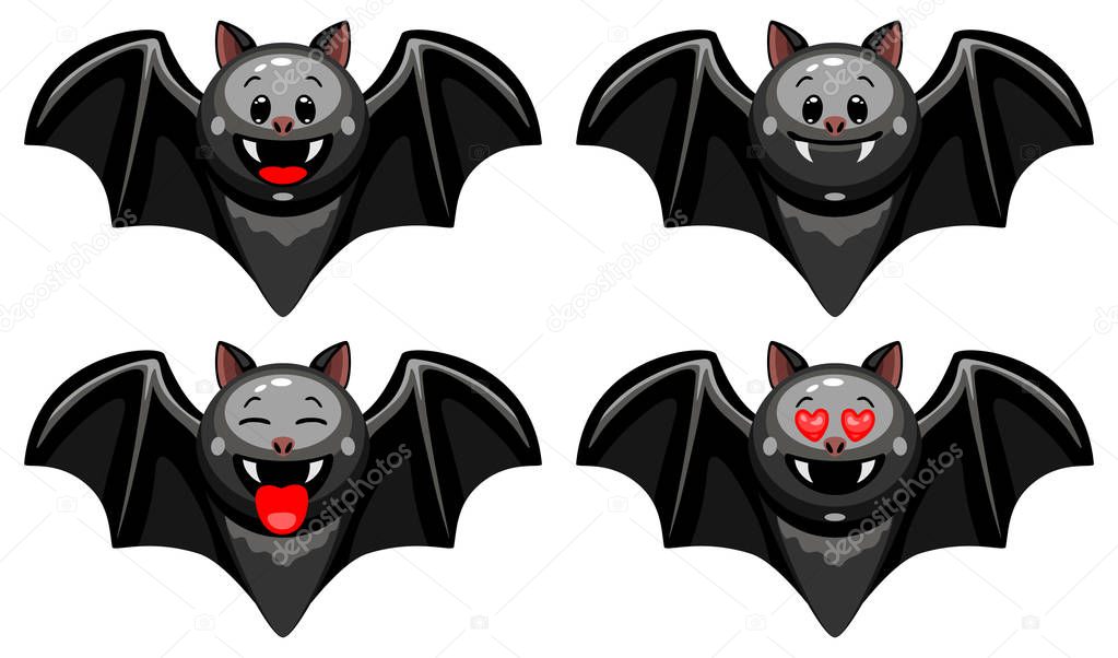 Vector set of Halloween bat emoticons. Collection of bat characters with different emotions in cartoon style on white background