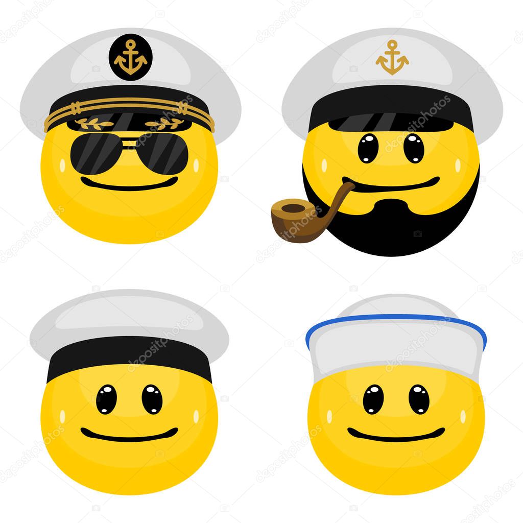 Vector emoticon set of marine officers and sailors. Face icons of seamen in cartoon style on white background.
