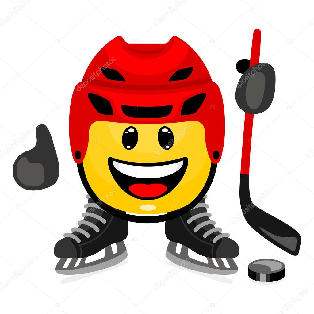 Concept of winter sport. Cute hockey player emoticon in cartoon style on white background.