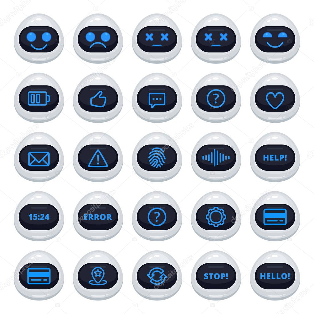 Vector set of robot emoticons. Collection of cyborg characters with different interface messages in cartoon style on white background