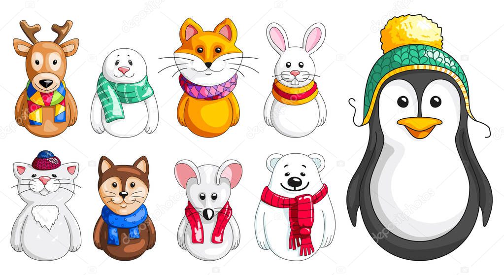 Vector set of animals in winter clothes. Collection of winter animals wearing hats and scarfs in cartoon style on white background.