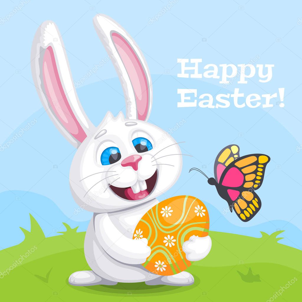 Concept of Happy Easter card. Cute rabbit holding big painted egg in hands on green field. Vector illustration in cartoon style.
