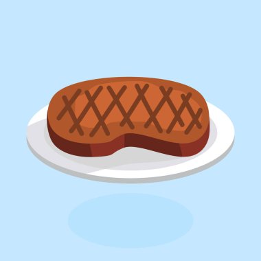 Fast food kavramı. Plaka üzerinde ızgara sığır eti biftek. Vektör çizim karikatür tarzı.
