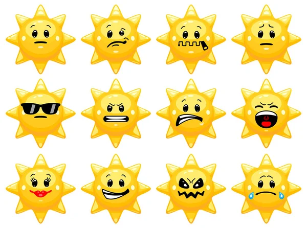 Vector Set Sun Emoticons Collection Sun Characters Different Emotions Cartoon — Stock Vector