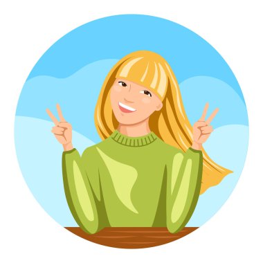 İki eli zafer işareti ile gösterilen genç ve güzel kadın. Gülümseyen kadın işaret dilinde V harf veya barış hareketleri yapar. Vektör çizim