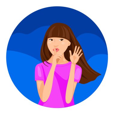 Genç ve güzel kadın yapma sessizlik jest dudaklarında parmak ile. Güzel kadın gizli koymak istiyorsun. Vektör çizim