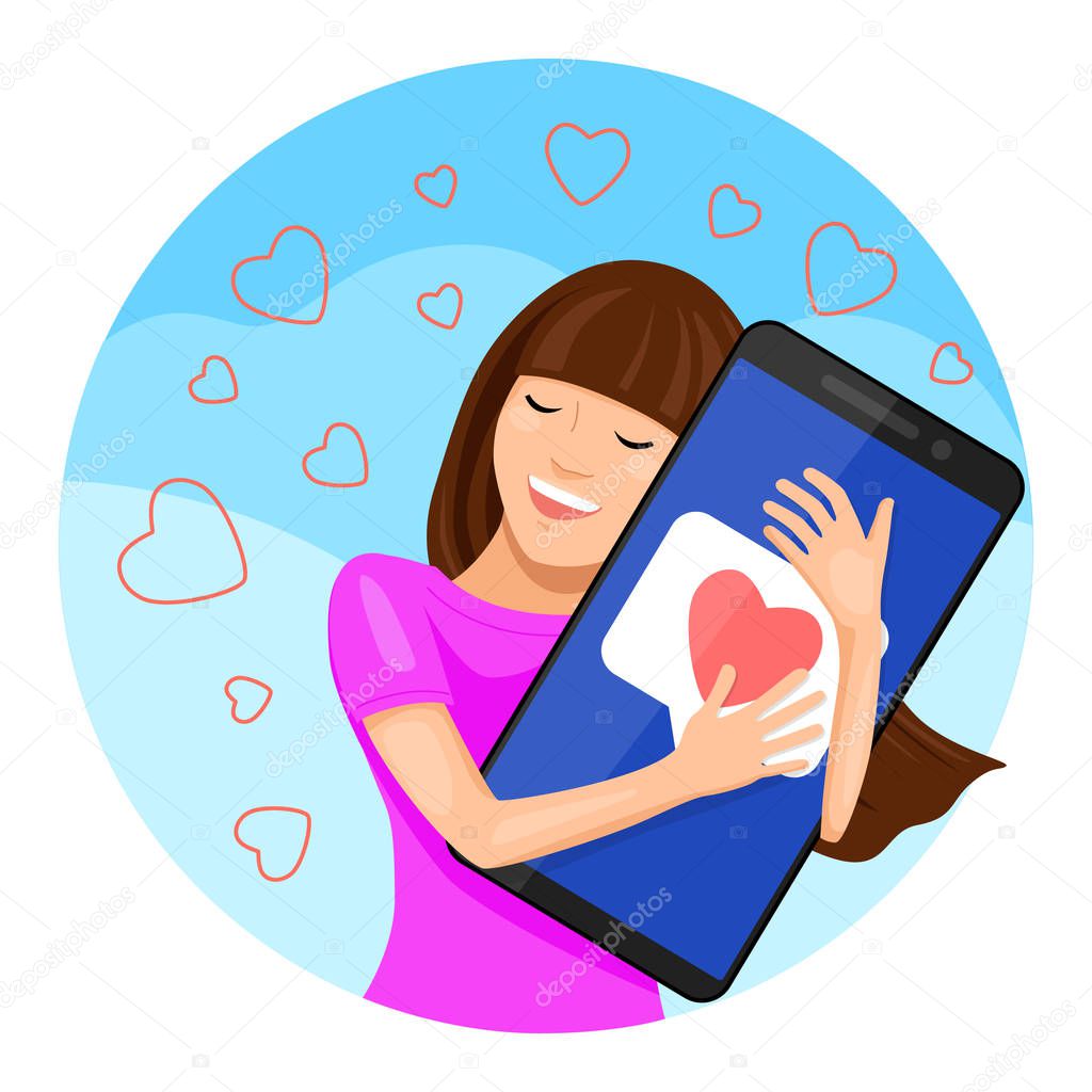 Concept of online conversation, virtual relationships. Happy young woman getting a love message and hugging a big phone with both hands. Vector illustration.
