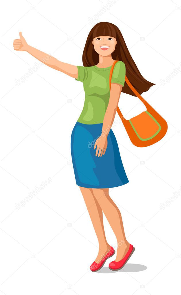 Concept of traveling by hitchhiking. Smiling young woman standing at the road and making the thumbs up gesture for stopping car.  Vector illustration on isolated background.
