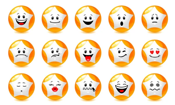 Vector Set Star Emoticons Collection Yellow Balls White Star Shapes — Stock Vector