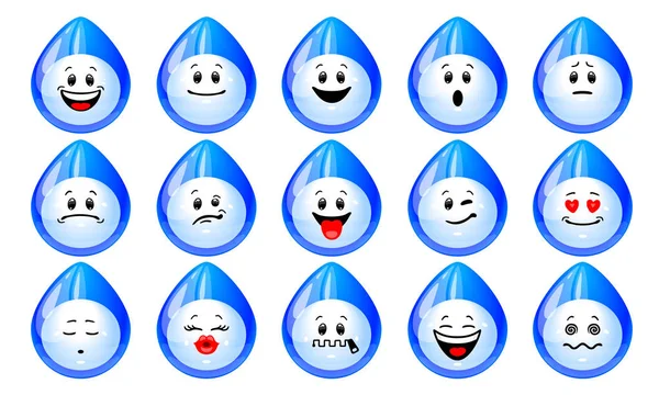 Conjunto Vectorial Gotas Agua Colección Gotas Azules Con Diferentes Emociones — Vector de stock