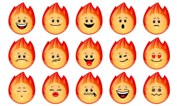 Vector Set Flame Emoticons Collection Hot Fire Shapes Different Facial — Stock Vector