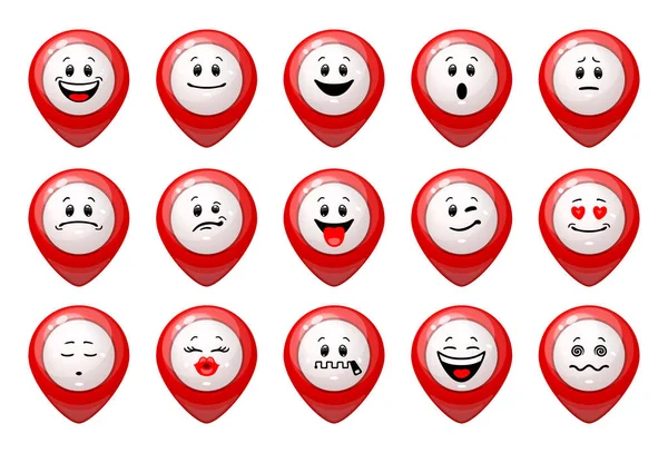 Векторный Набор Значков Местоположения Рисунок Красных Маркеров Gps Разными Эмоциями — стоковый вектор