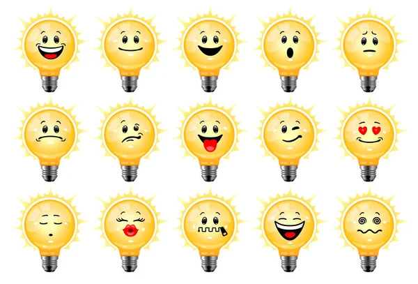 Insieme Emoticon Bulbo Vettoriale Collezione Personaggi Lampadine Elettriche Brillanti Con — Vettoriale Stock