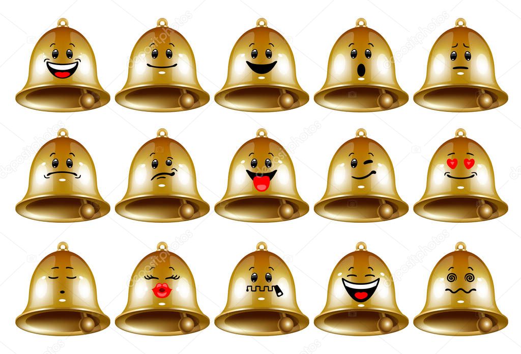 Vector set of bell emoticons. Collection of characters of metal gold bells with different emotions in cartoon style on white background. Concept of Christmas symbol, school bell, reminder.