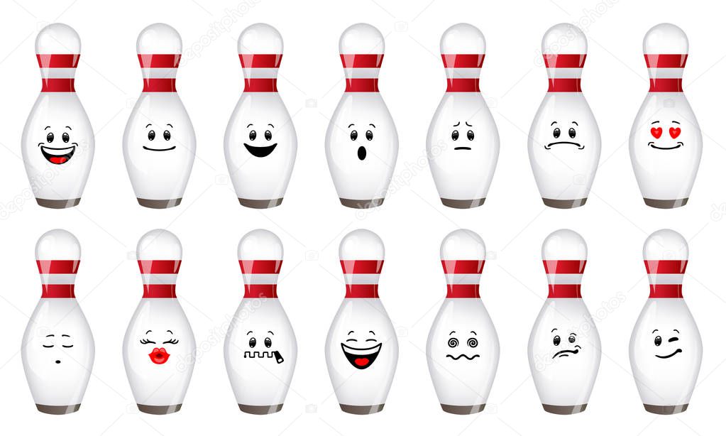 Vector set of skittles for bowling. Collection of emoticons of skittles for bowling with different emotions in cartoon style on isolated background