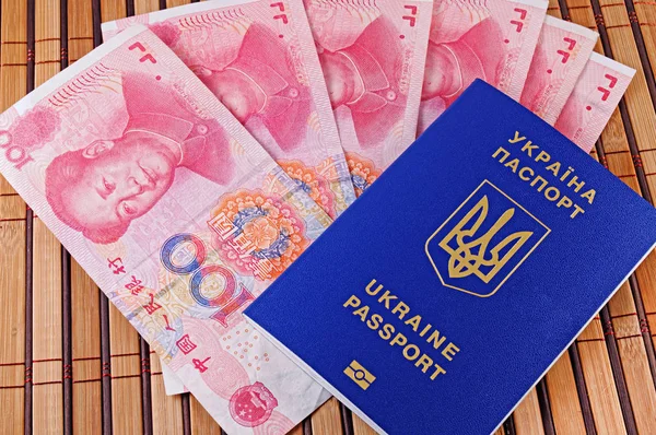 Ukrainska Pass Och Yuan Närbild Bakgrund Bambu Matta — Stockfoto