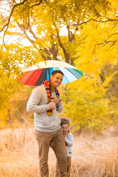 Little Boy His Father Colorful Umbrella Walk Autumn Yellow Forest — Stock Photo, Image