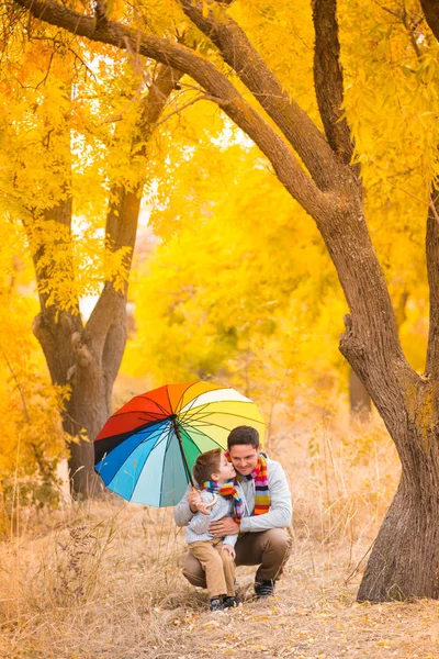 Menino Seu Pai Estão Sob Guarda Chuva Colorido Caminhe Floresta — Fotografia de Stock