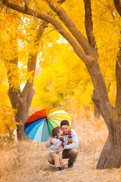 Little Boy His Father Colorful Umbrella Walk Autumn Yellow Forest — Stock Photo, Image